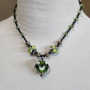 Handmade Green‎ Lampwork Glass Bead Necklace Artisan Jewelry